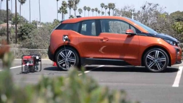 BMW i3 electric car charging with portable generator